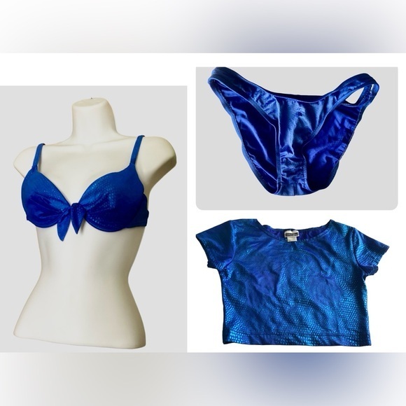 💙 3 Piece Swim Set Blue Bikini Crop Top Mermaid - Picture 1 of 11
